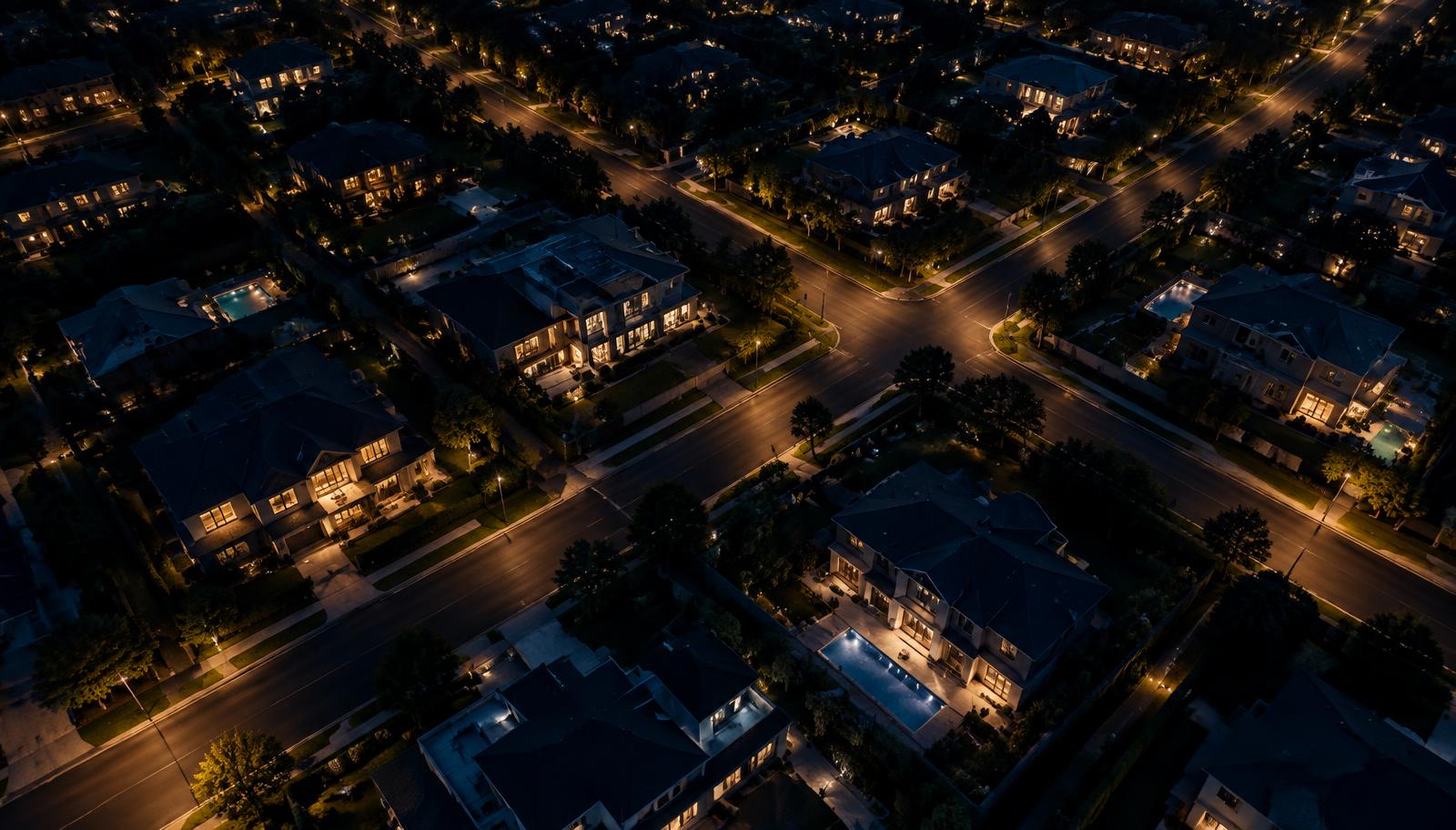 Aerial view of a quiet residential neighborhood at night